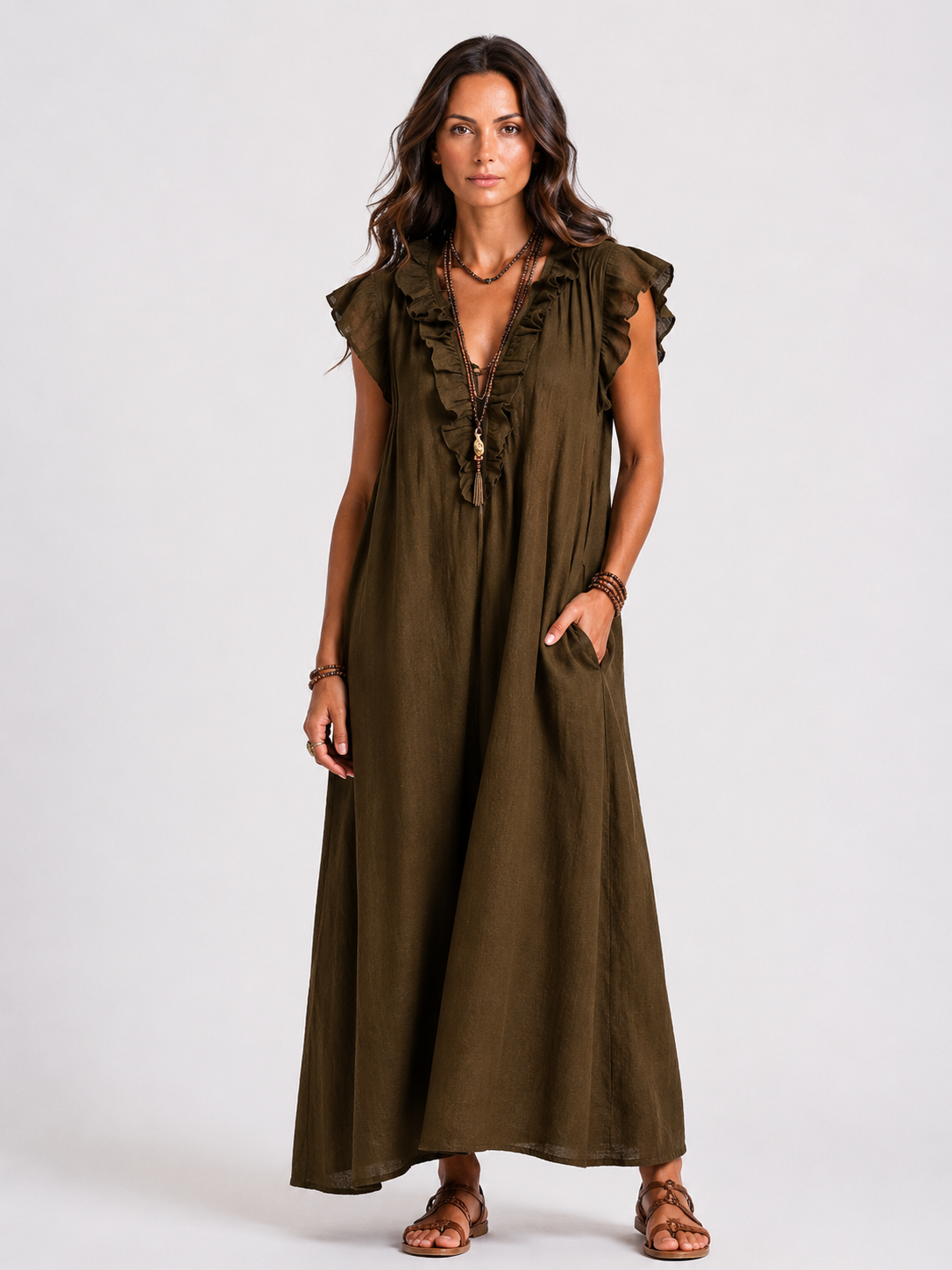 Sarita | Vestido Largo Con Cuello En V y Volantes