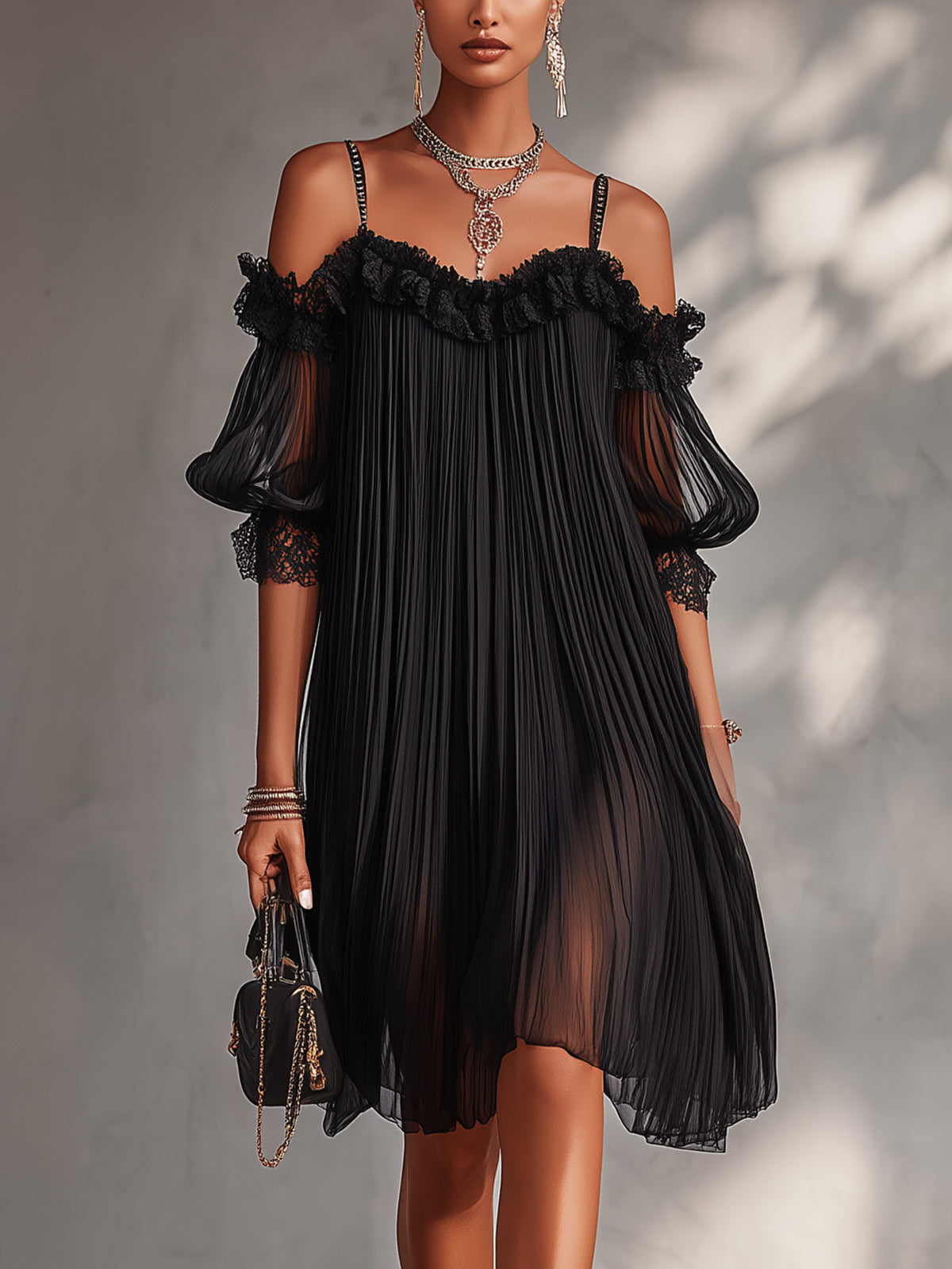 Gala | Minivestido negro Con hombros Descubiertos y Bordes de Encaje