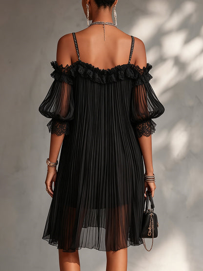 Gala | Minivestido negro Con hombros Descubiertos y Bordes de Encaje