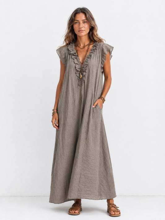 Sarita | Vestido Largo Con Cuello En V y Volantes