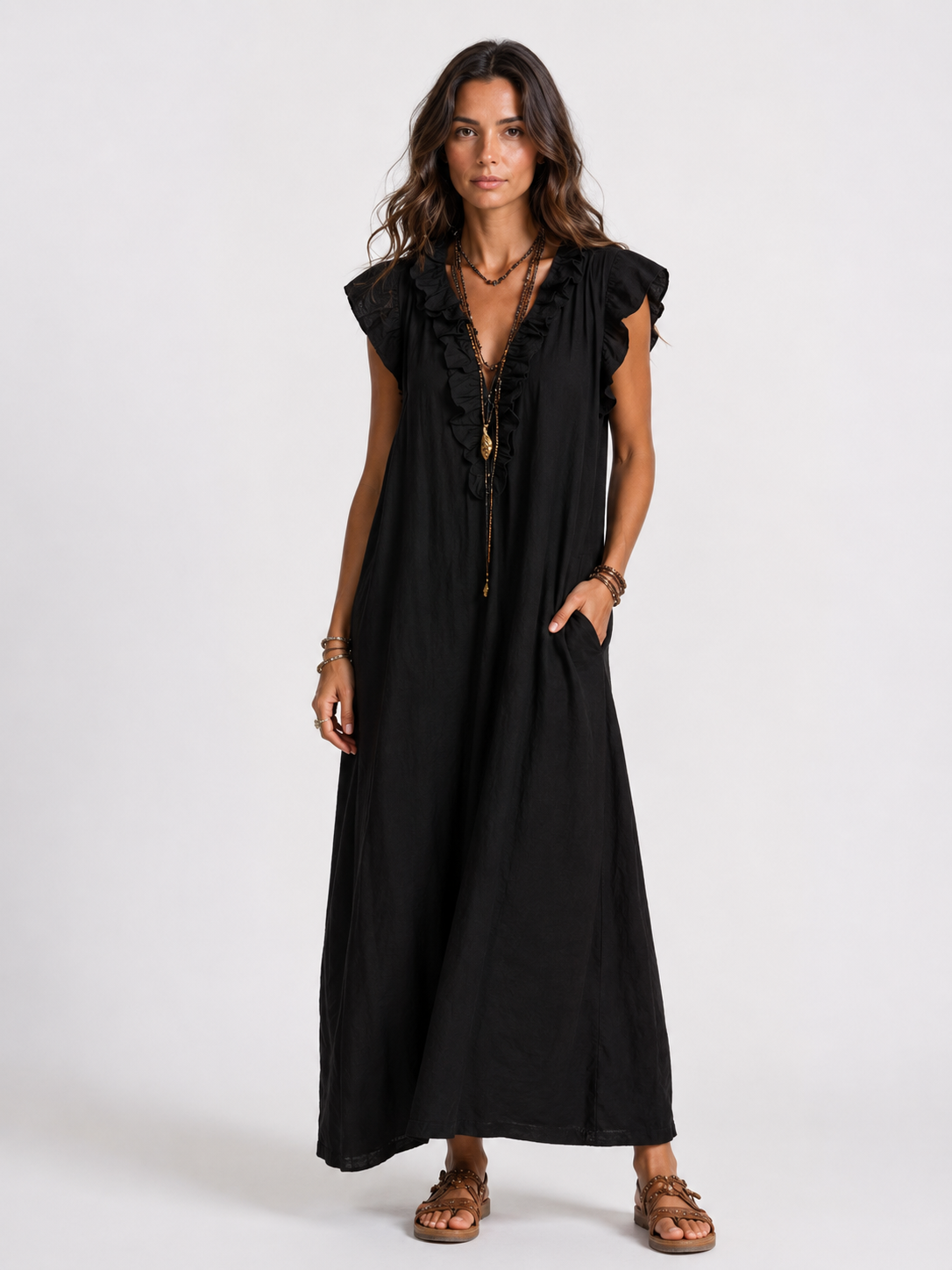Sarita | Vestido Largo Con Cuello En V y Volantes