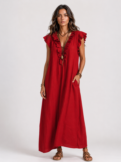 Sarita | Vestido Largo Con Cuello En V y Volantes