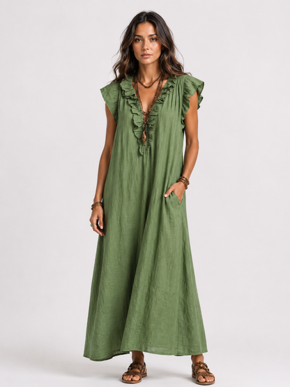 Sarita | Vestido Largo Con Cuello En V y Volantes