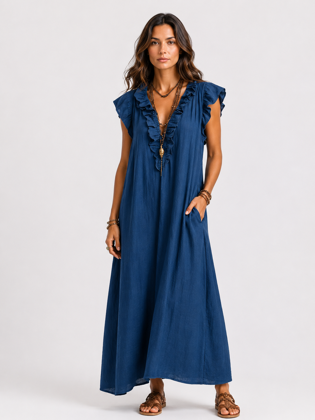 Sarita | Vestido Largo Con Cuello En V y Volantes