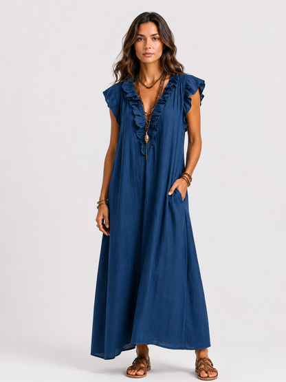 Sarita | Vestido Largo Con Cuello En V y Volantes