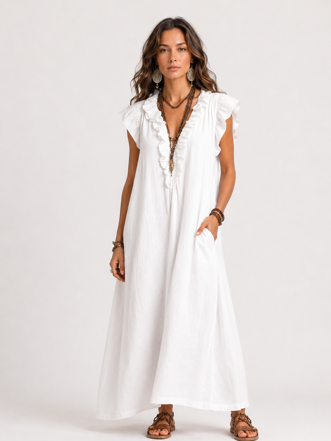 Sarita | Vestido Largo Con Cuello En V y Volantes