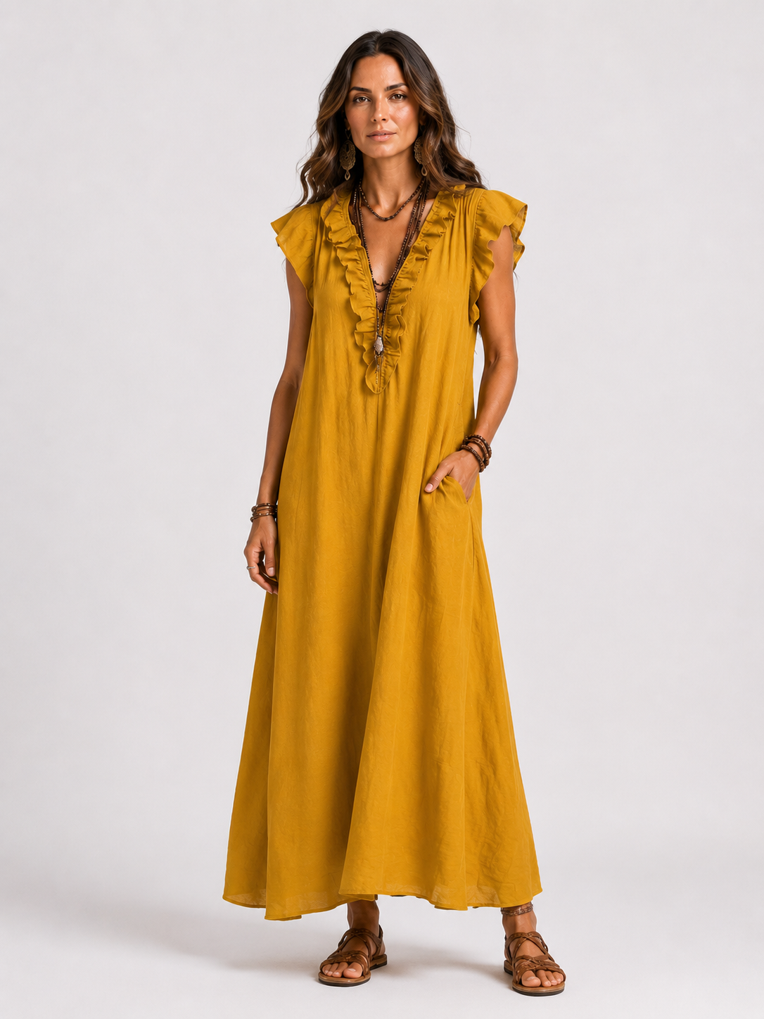 Sarita | Vestido Largo Con Cuello En V y Volantes