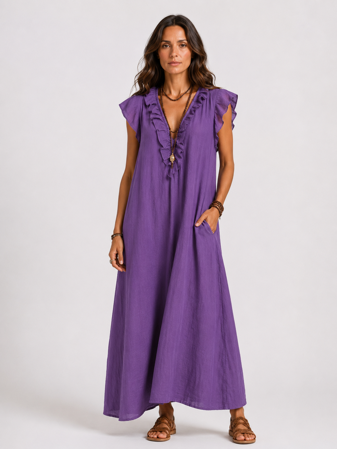 Sarita | Vestido Largo Con Cuello En V y Volantes