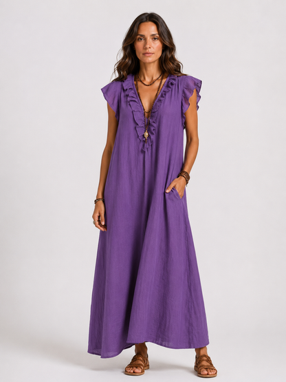 Sarita | Vestido Largo Con Cuello En V y Volantes