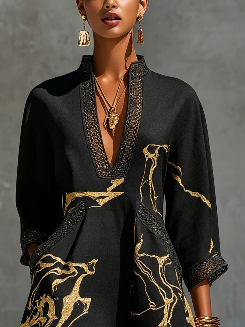 Giovanna | Minivestido negro con Estampado de Mármol dorado